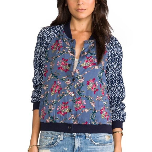 Free People Floral Printed Baseball Jacket in Indigo Blue - Picture 9 of 11